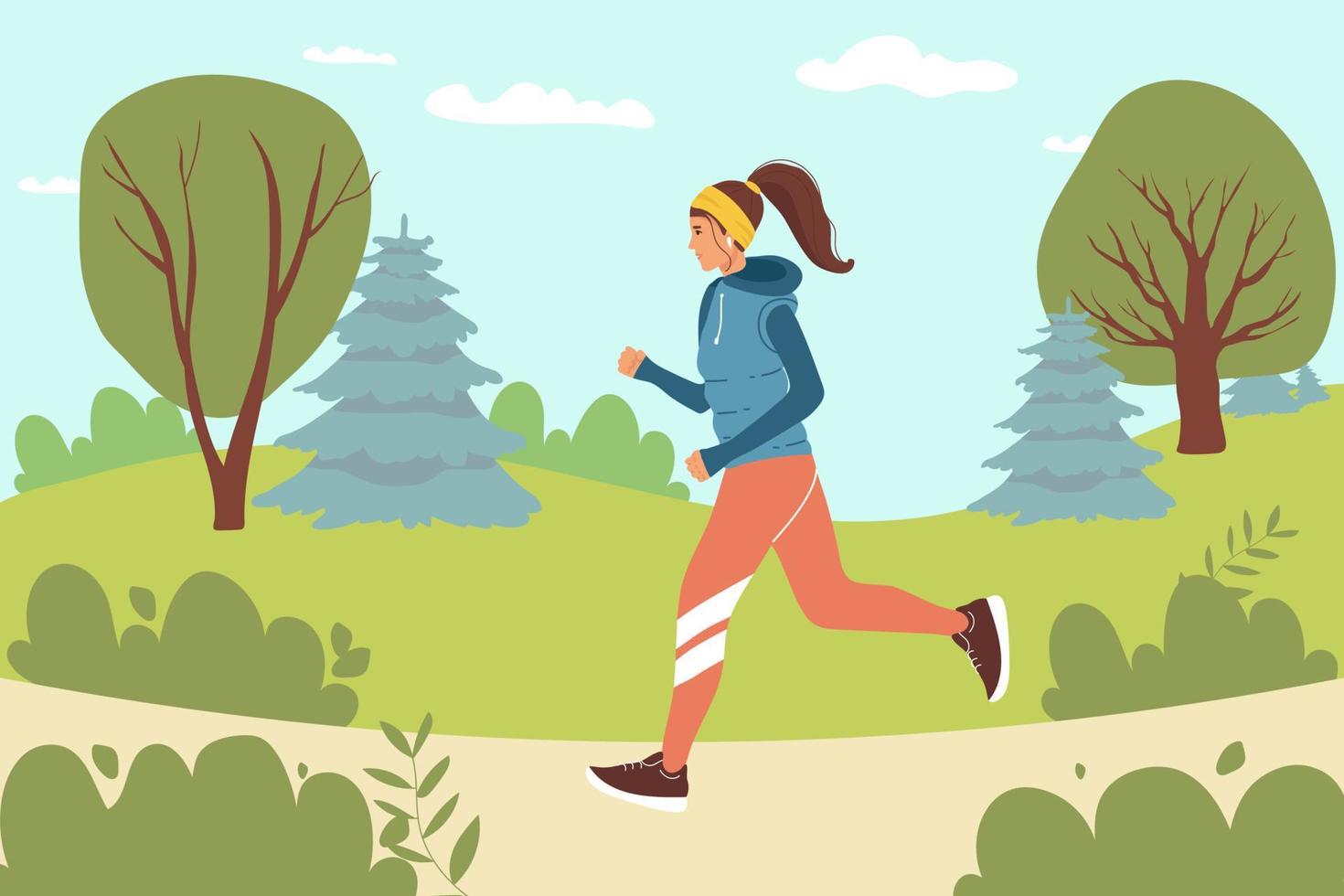 fille qui court dans le parc illustration mode de vie sain. femme joyeuse. personnages sportifs pour l'entraînement, l'exercice cardio, le marathon, la course en ville, l'été en plein air. illustration de dessin animé plat de vecteur. vecteur