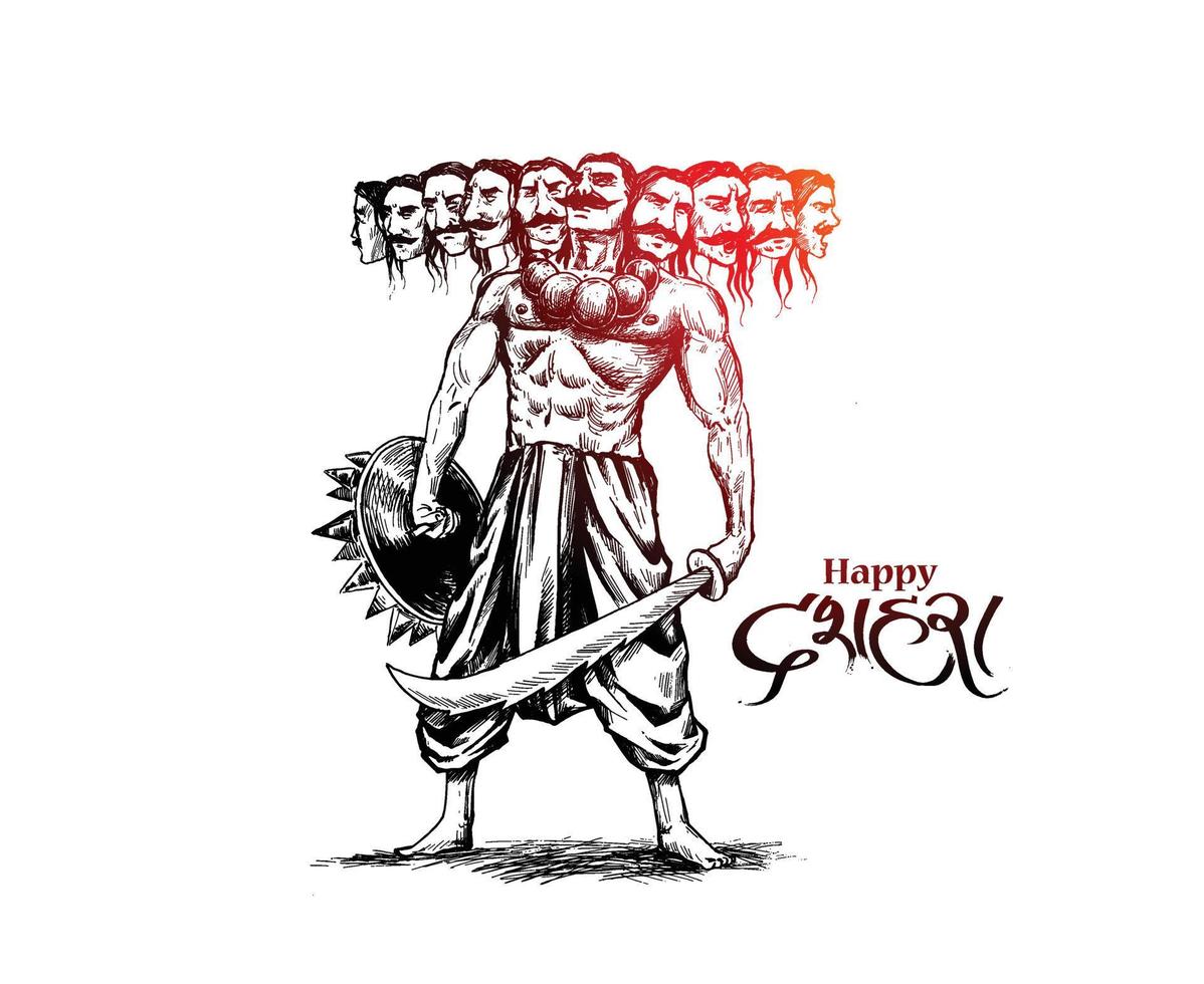 célébration de dussehra - ravana avec dix têtes, illustration vectorielle de croquis dessinés à la main. vecteur