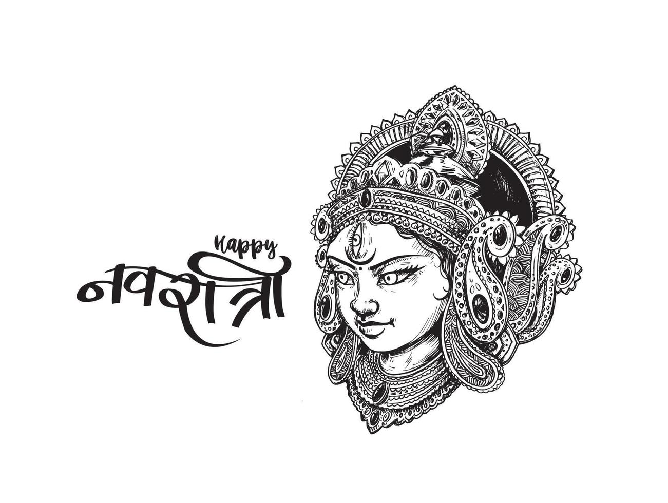 visage maa durga et kalash avec texte hindi joyeux fond navratri. vecteur
