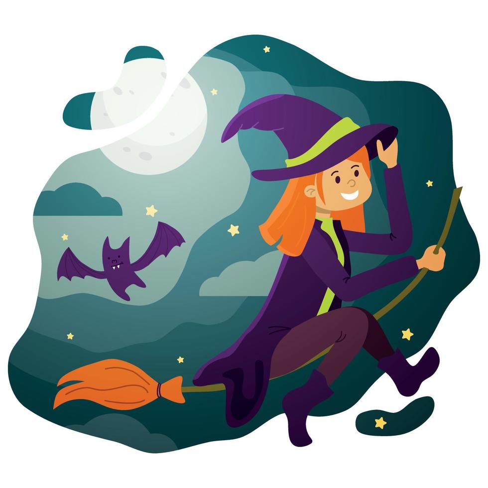 une sorcière rousse sur un manche à balai dans le ciel étoilé la nuit d'halloween. vecteur