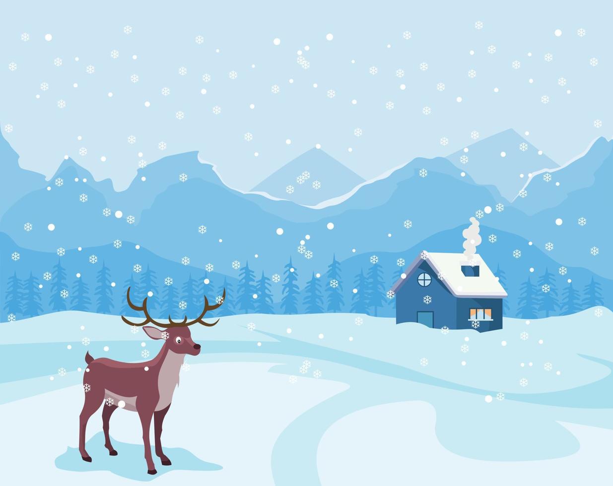 paysage de noël en hiver avec maison et renne vecteur