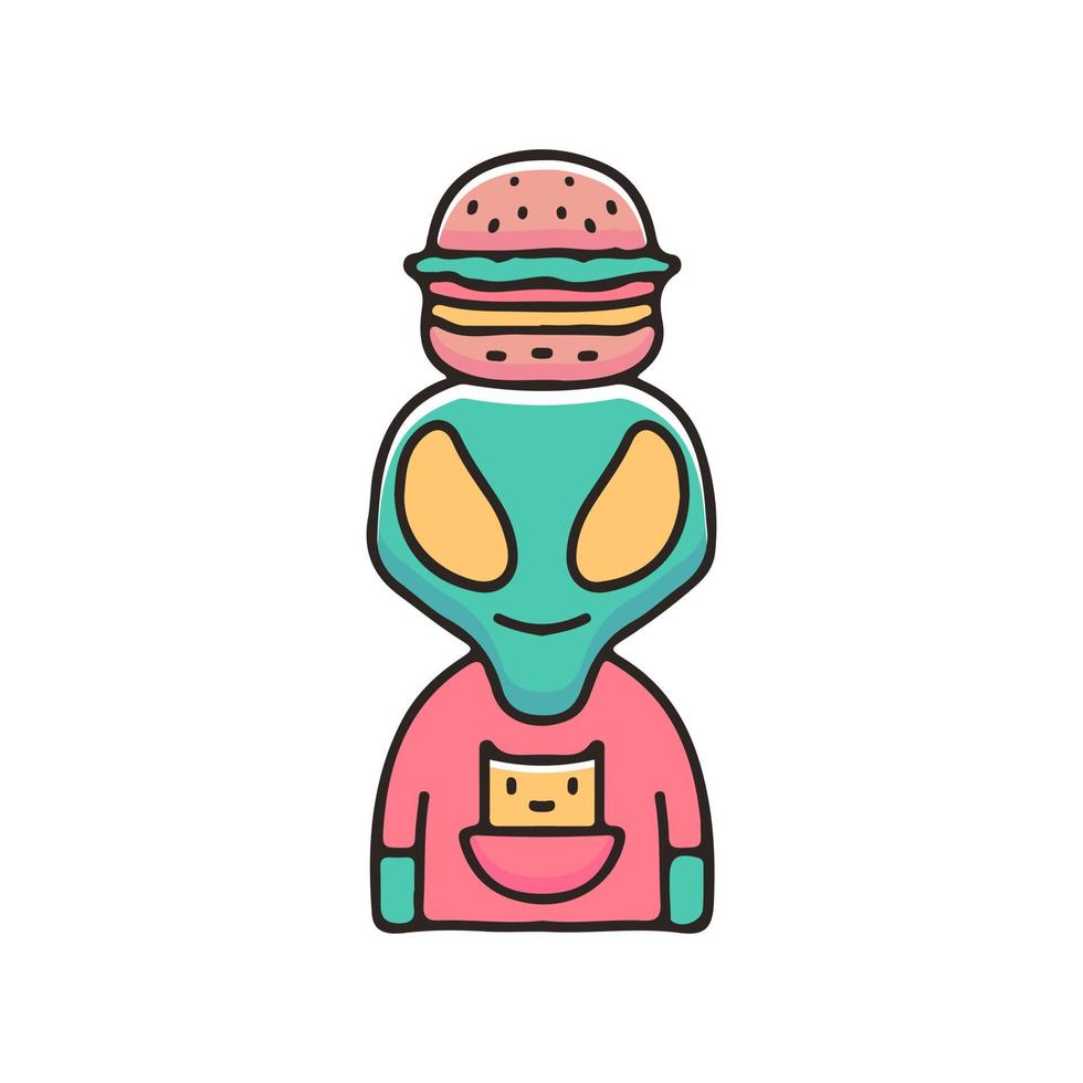 extraterrestre cool avec hamburger sur l'illustration de la tête. graphiques vectoriels pour les impressions de t-shirts et autres utilisations. vecteur