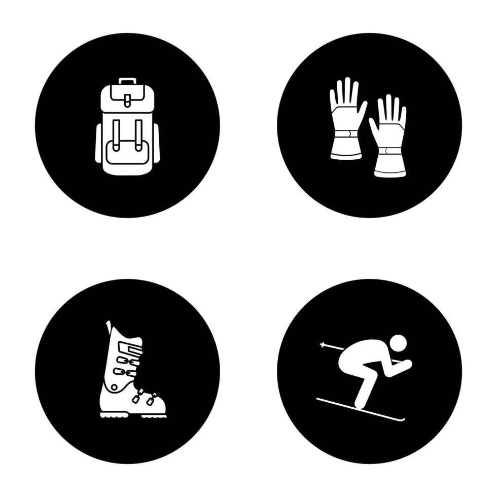 Ensemble d'icônes de glyphe d'activités hivernales. sac à dos, gants et chaussures de ski, skieur. illustrations vectorielles de silhouettes blanches dans des cercles noirs vecteur