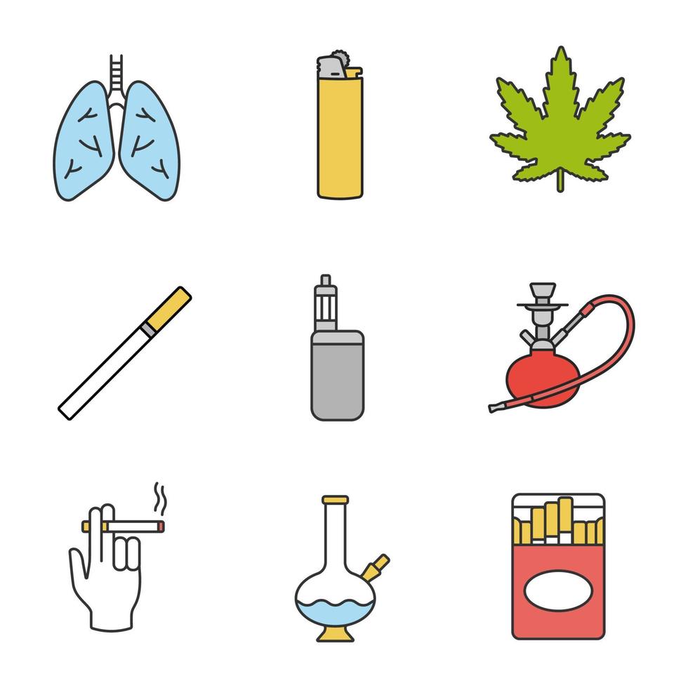 ensemble d'icônes de couleur de fumer. poumons humains, briquet, feuille de marijuana, paquet de cigarettes, narguilé, main de fumeur, bong. illustrations vectorielles isolées vecteur
