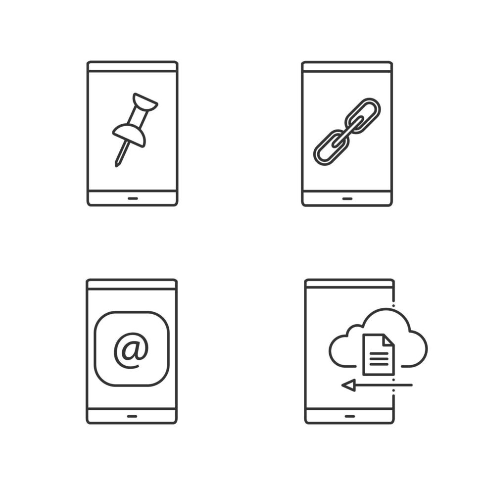 jeu d'icônes linéaires smartphone. pièce jointe, lien, e-mail, stockage en nuage. symboles de contour de ligne mince. illustrations de contour de vecteur isolé