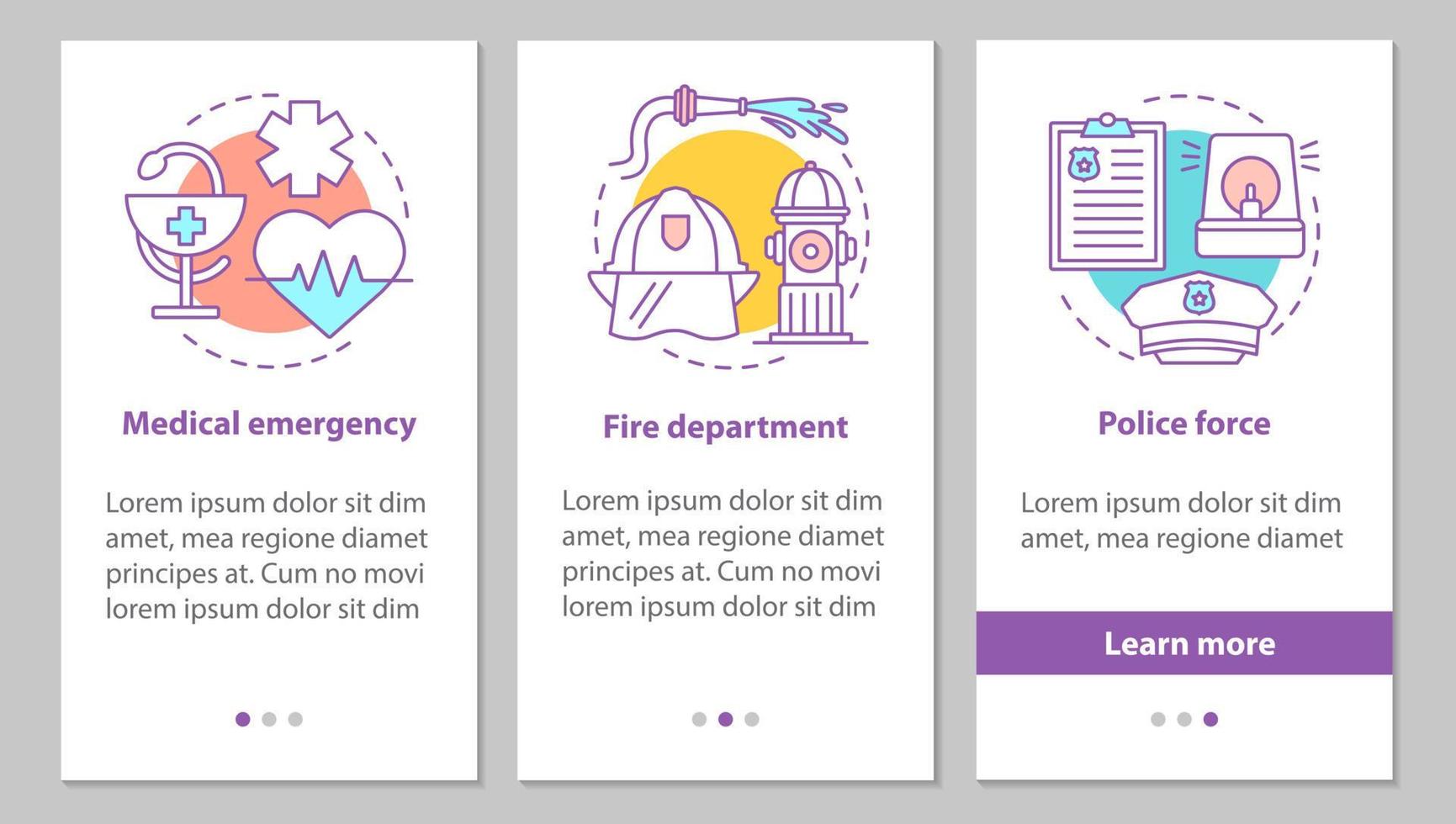 écran de page d'application mobile d'intégration des services publics avec des concepts. force de police, service des pompiers, instructions graphiques des étapes d'urgence médicale. modèle vectoriel ux, ui, gui avec illustrations