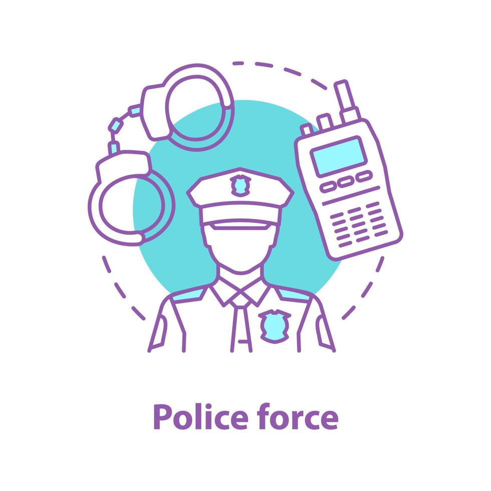 icône de concept de force de police. illustration de fine ligne d'idée d'application de la loi. policier, talkie-walkie, menottes. dessin de contour isolé de vecteur