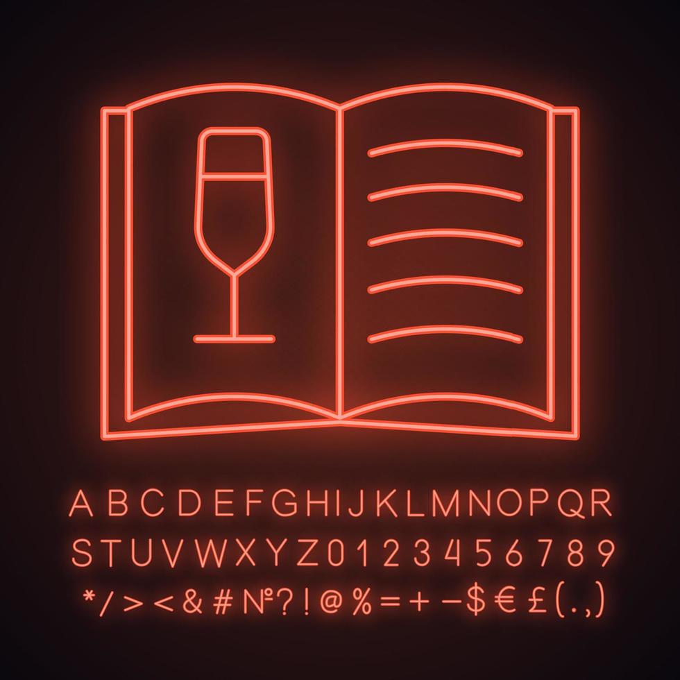 icône de néon de menu des vins. liste des boissons alcoolisées. menu du bar à alcool. signe lumineux avec alphabet, chiffres et symboles. illustration vectorielle isolée vecteur