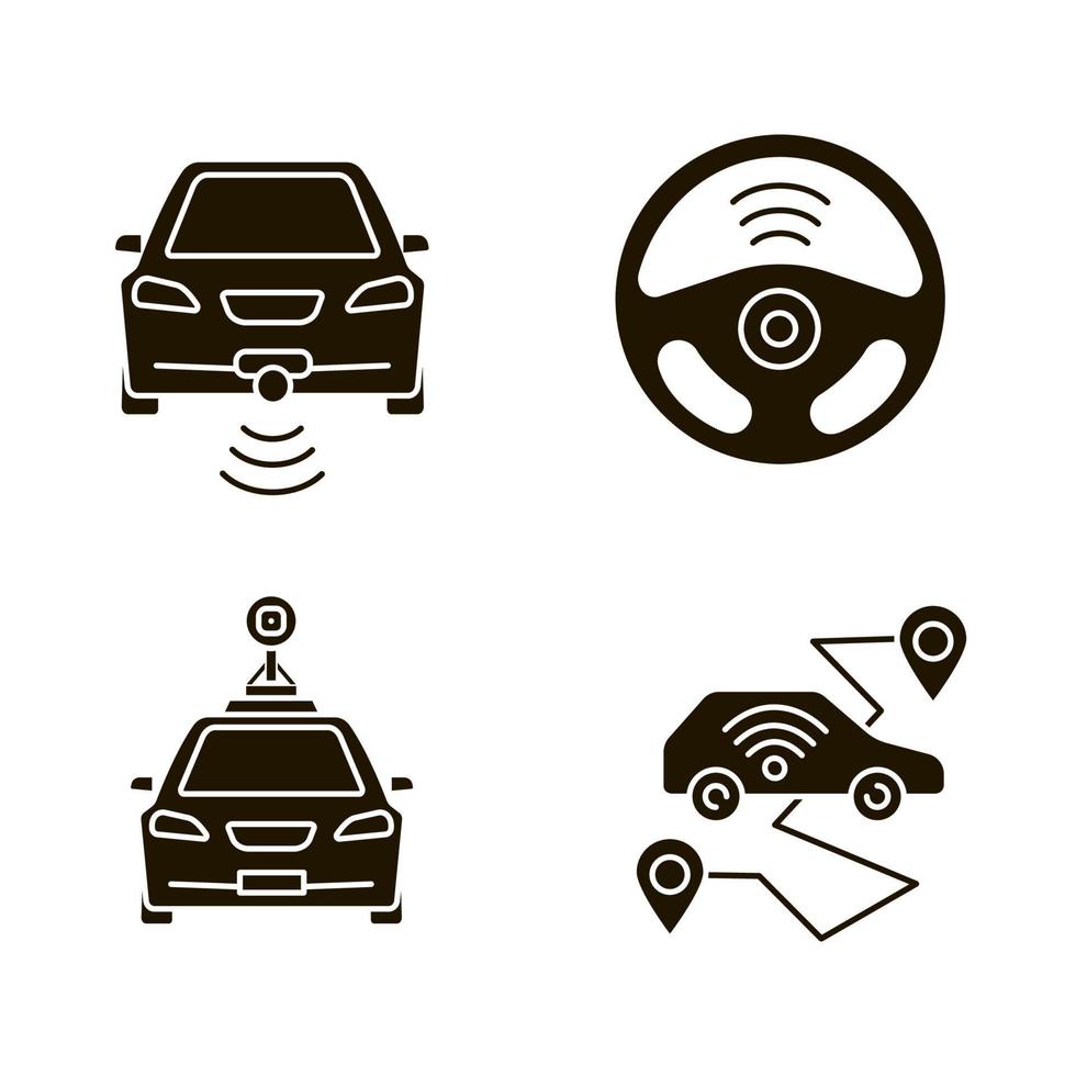 Jeu d'icônes de glyphe de voitures intelligentes. nfc automobiles. véhicules intelligents. automobiles autonomes. voitures autonomes. véhicules sans chauffeur. symboles de silhouette. illustration vectorielle isolée vecteur