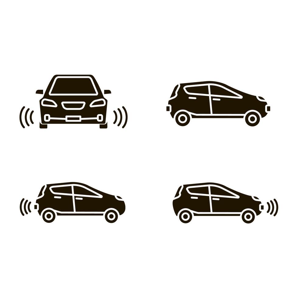 Jeu d'icônes de glyphe de voitures intelligentes. nfc automobiles. véhicules intelligents. automobiles autonomes. voitures autonomes. véhicules sans chauffeur. symboles de silhouette. illustration vectorielle isolée vecteur