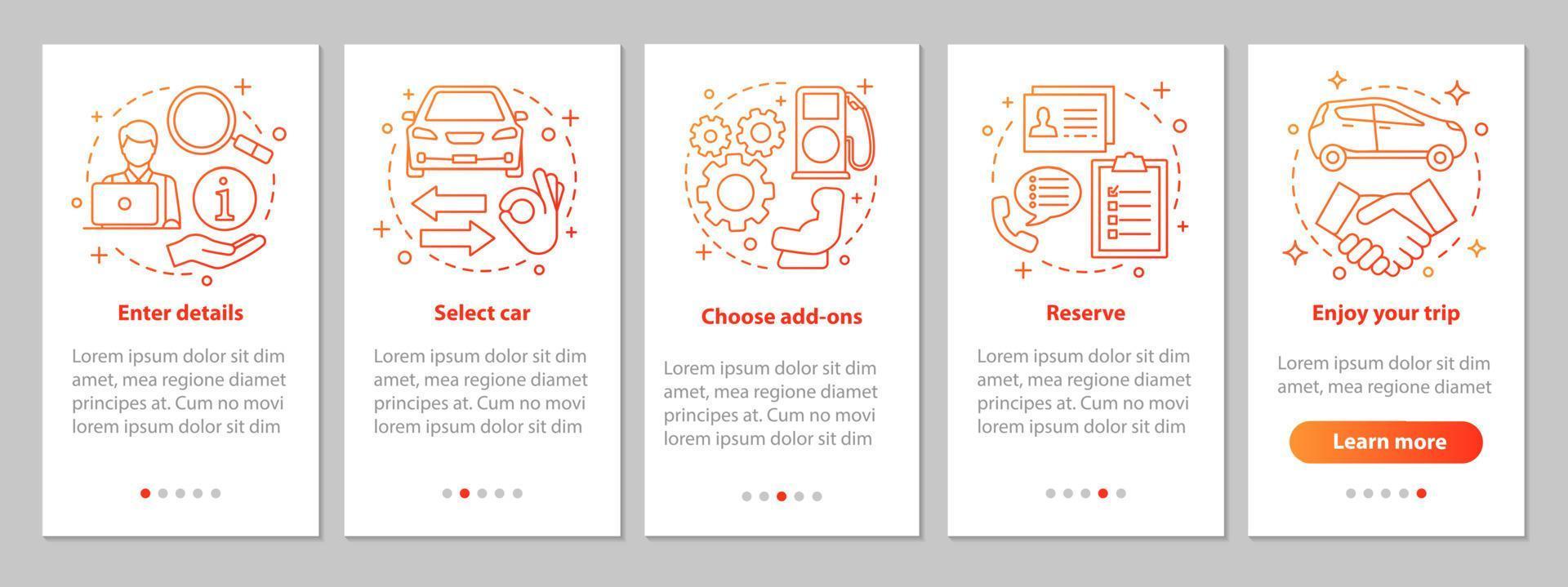 service de location de voitures intégrant l'écran de la page de l'application mobile avec des concepts linéaires. instructions graphiques des étapes de leasing automatique. louer une voiture. modèle vectoriel ux, ui, gui avec illustrations