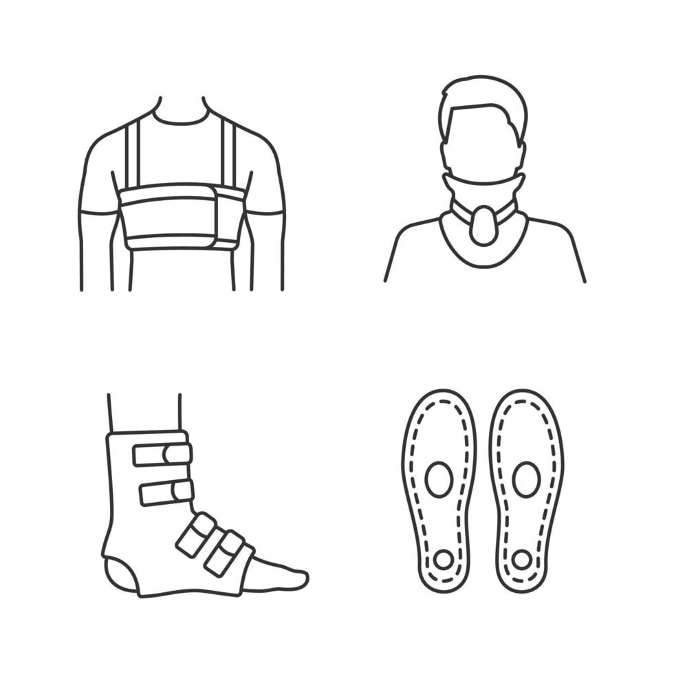 Ensemble d'icônes linéaires de traitement des traumatismes. ceinture thoracique chirurgicale pour hommes, collier cervical, attelle de cheville de pied, semelles orthopédiques. symboles de contour de ligne mince. illustrations de contour de vecteur isolé. trait modifiable