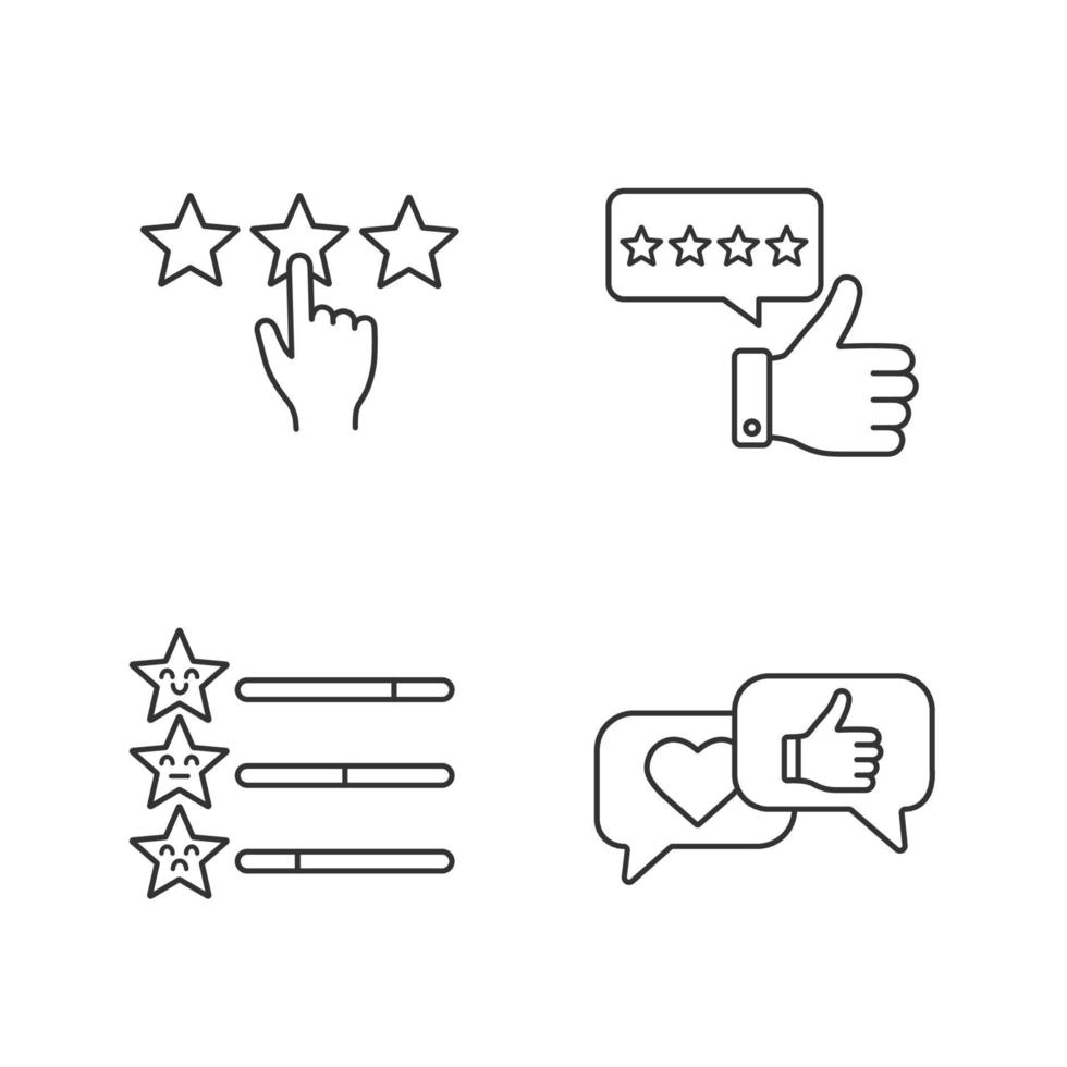 ensemble d'icônes linéaires d'évaluation. avis, cinq étoiles, échelle de rétroaction, commentaires et likes sur les réseaux sociaux. symboles de contour de ligne mince. illustrations de contour de vecteur isolé. trait modifiable