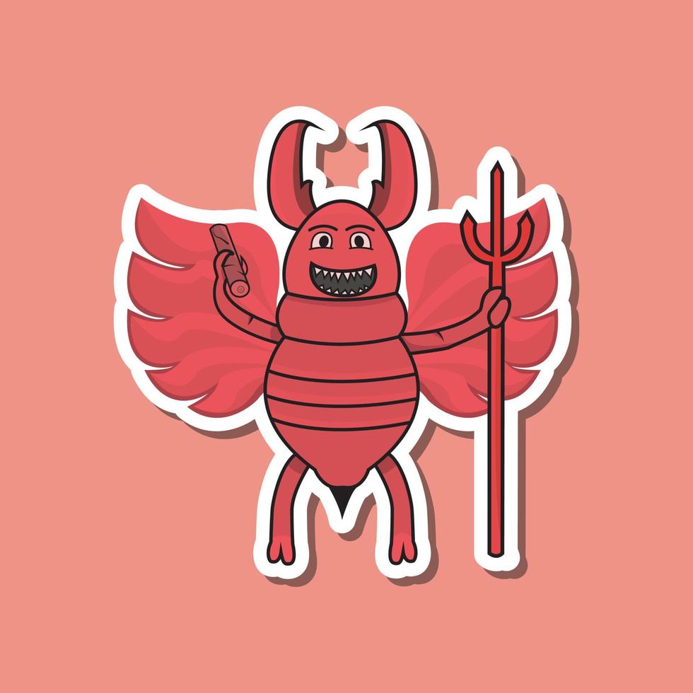 autocollant mignon d'insecte avec la bande dessinée de termite de diable. fond rose. vecteur