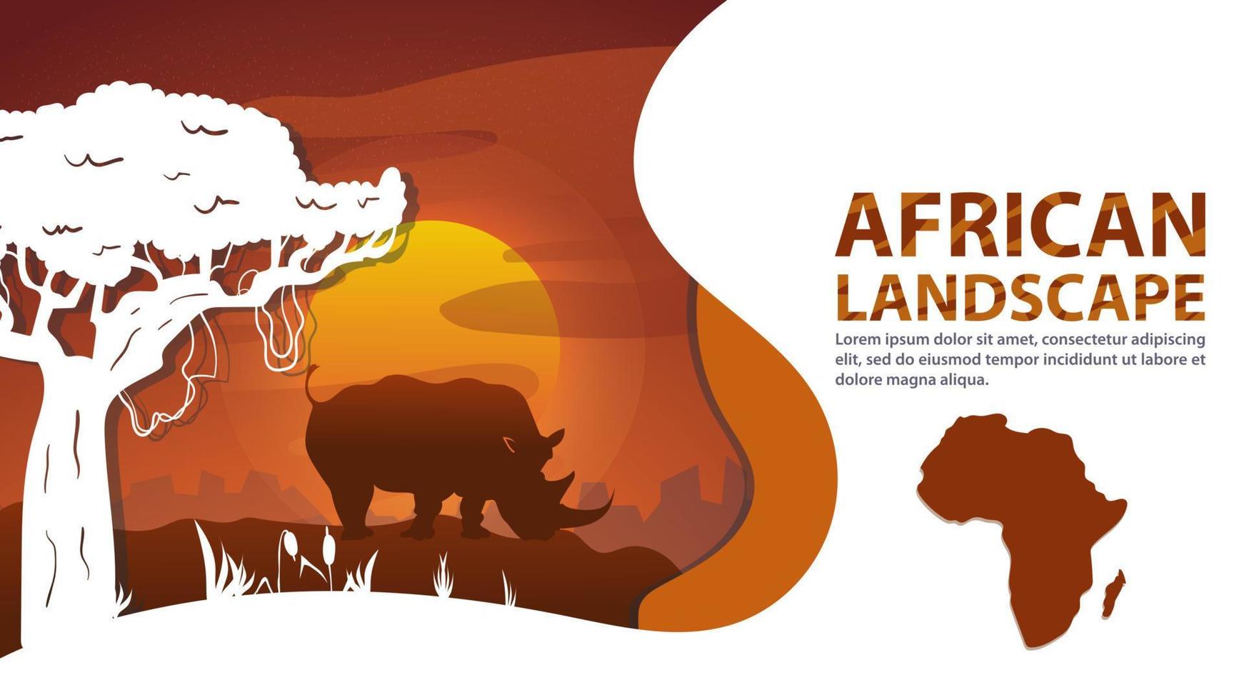 paysage africain dans le style du papier découpé pour la conception d'un rhinocéros se tient près d'un arbre sur fond de coucher de soleil vecteur