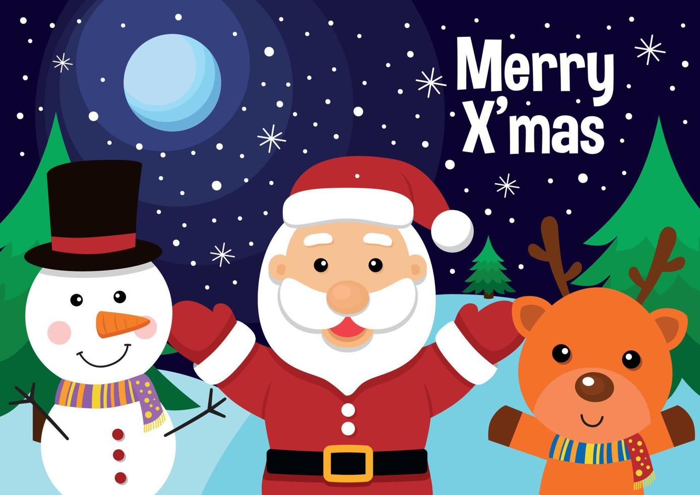 Carte de voeux de Noël avec le père noël bonhomme de neige et renne vector illustration