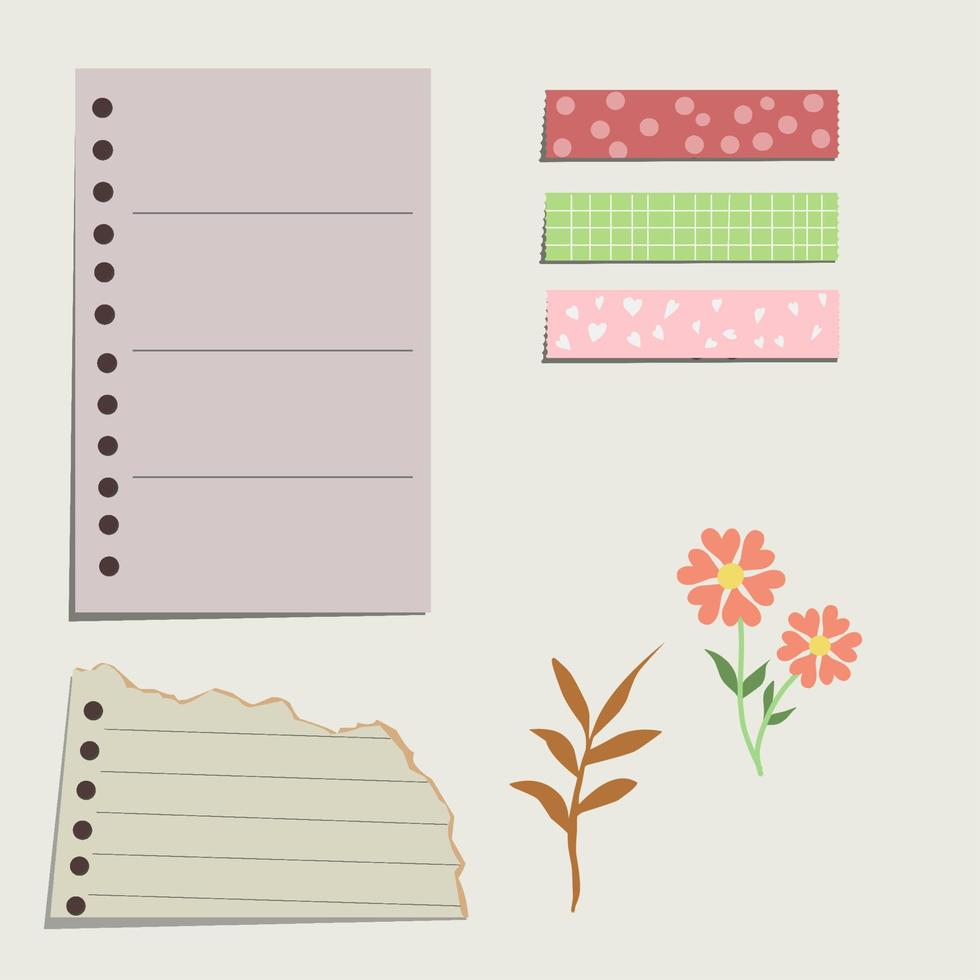 papier vectoriel note scratch et washi tape, fleur, laisser des éléments pour la journalisation ou le planificateur hebdomadaire