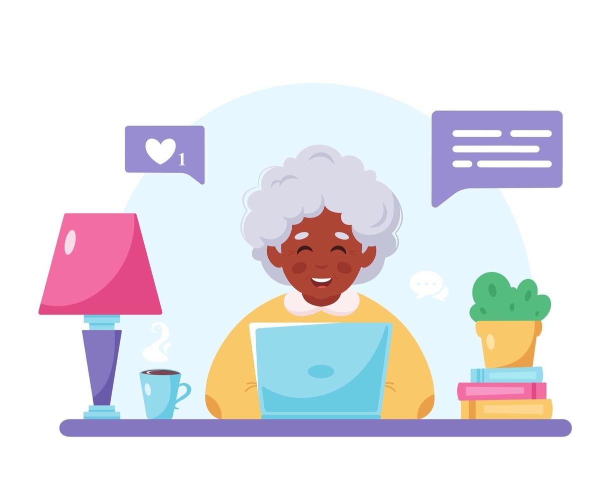 grand-mère assise avec un ordinateur portable. vieille femme noire à l'aide d'un ordinateur vecteur