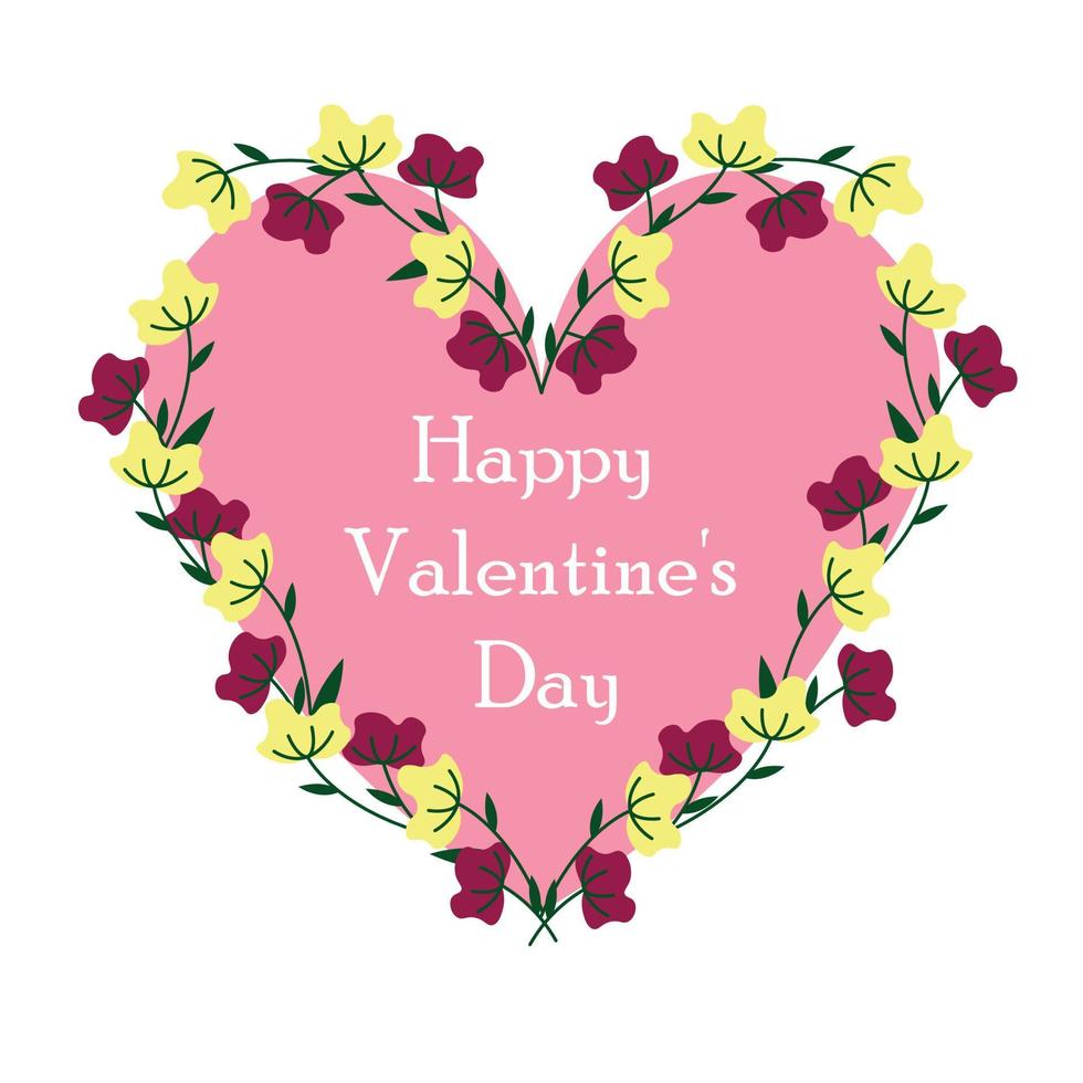 mini carte avec un coeur rose avec un cadre floral et les mots happy valentine's day vecteur