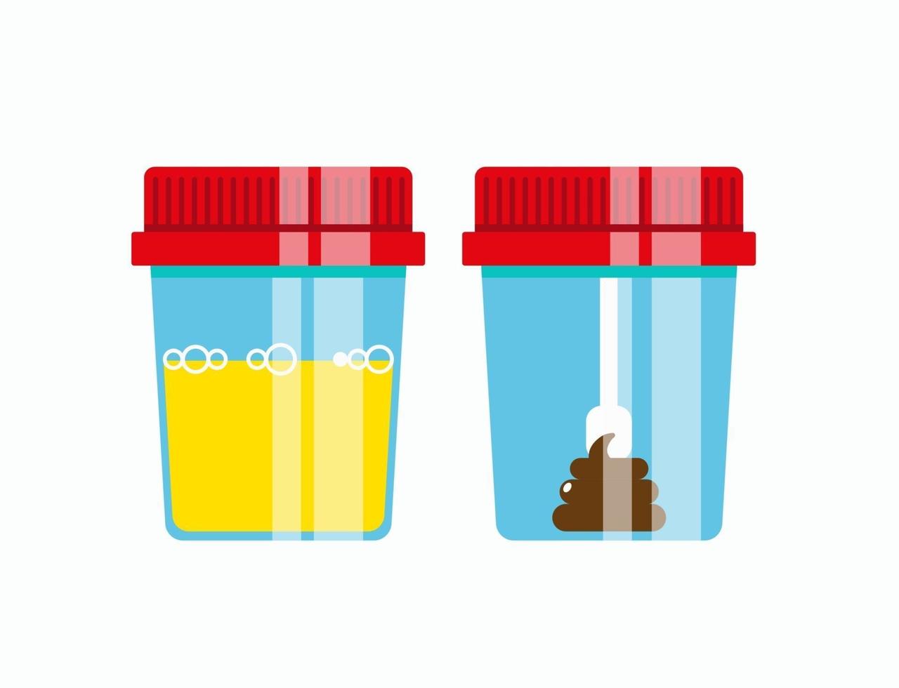 analyse d'urine et de selles dans des bocaux en plastique avec des couvercles colorés. tests de laboratoire. illustration vectorielle plane isolée sur fond blanc. vecteur