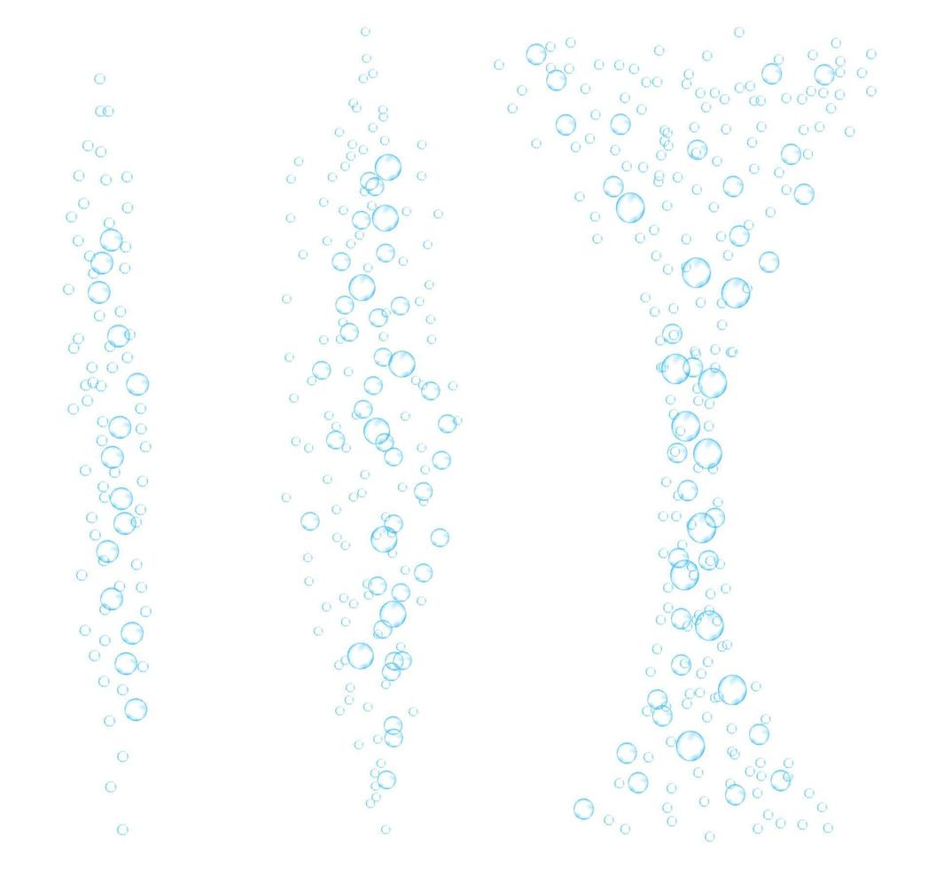 bulles sous-marines de soda pétillant. courants d'air. comprimés dissolvants. pop d'oxygène réaliste dans une boisson effervescente. vecteur bleu scintille sur fond blanc