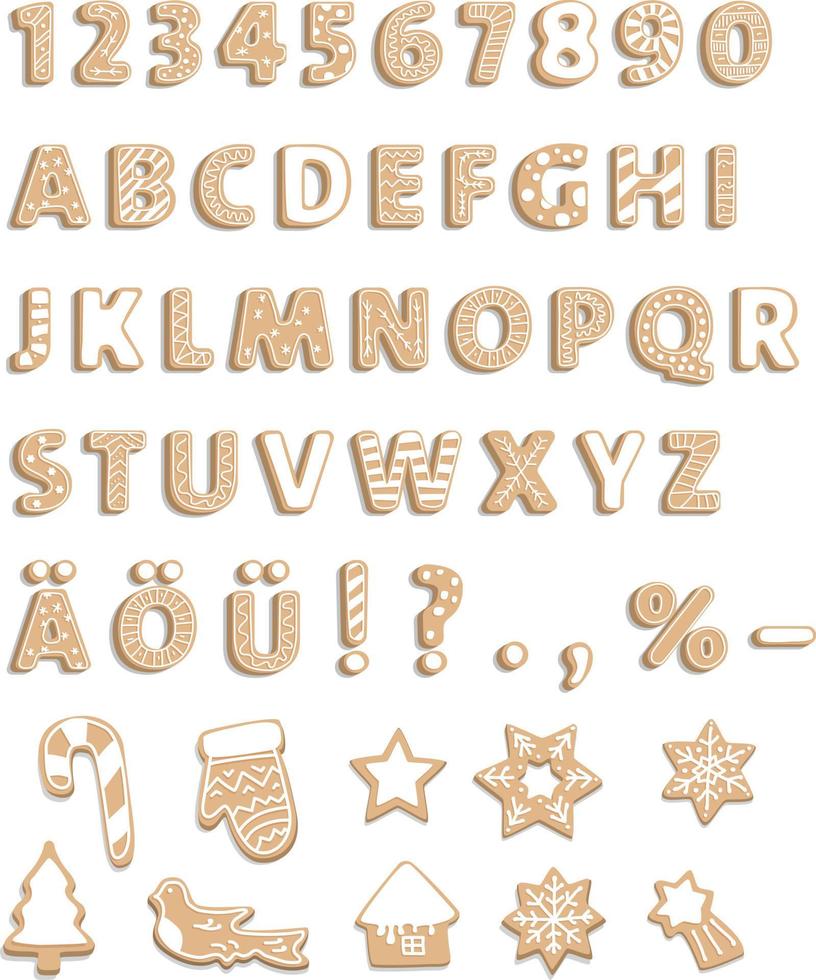 alphabet de biscuits de pain d'épice pour la conception de décoration. lettres de noël. police de dessert sucré. éléments d'hiver. vecteur