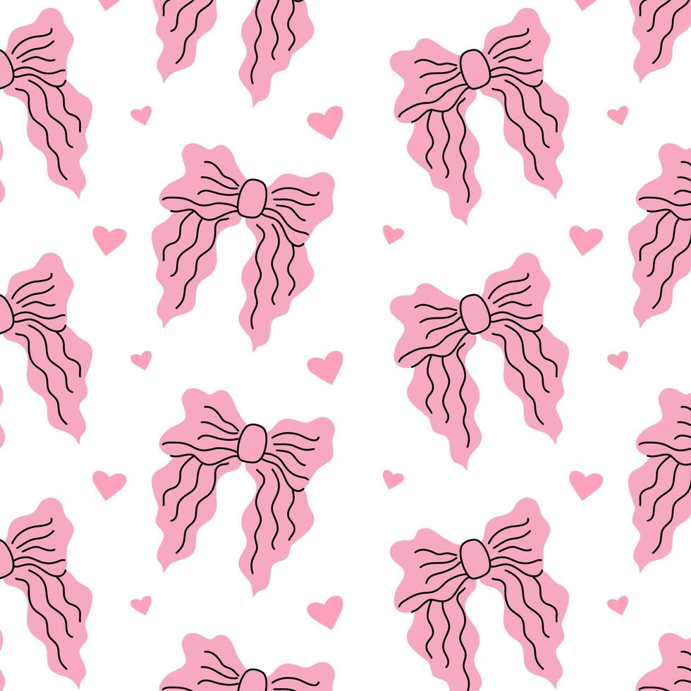 sans couture modèle avec rose arcs et cœurs. cadeau rubans dans main tiré et plat modes. à la mode vecteur illustration. cheveux girly accessoire. arcs pour cadeau emballage. coquette coeur mignonne conception.