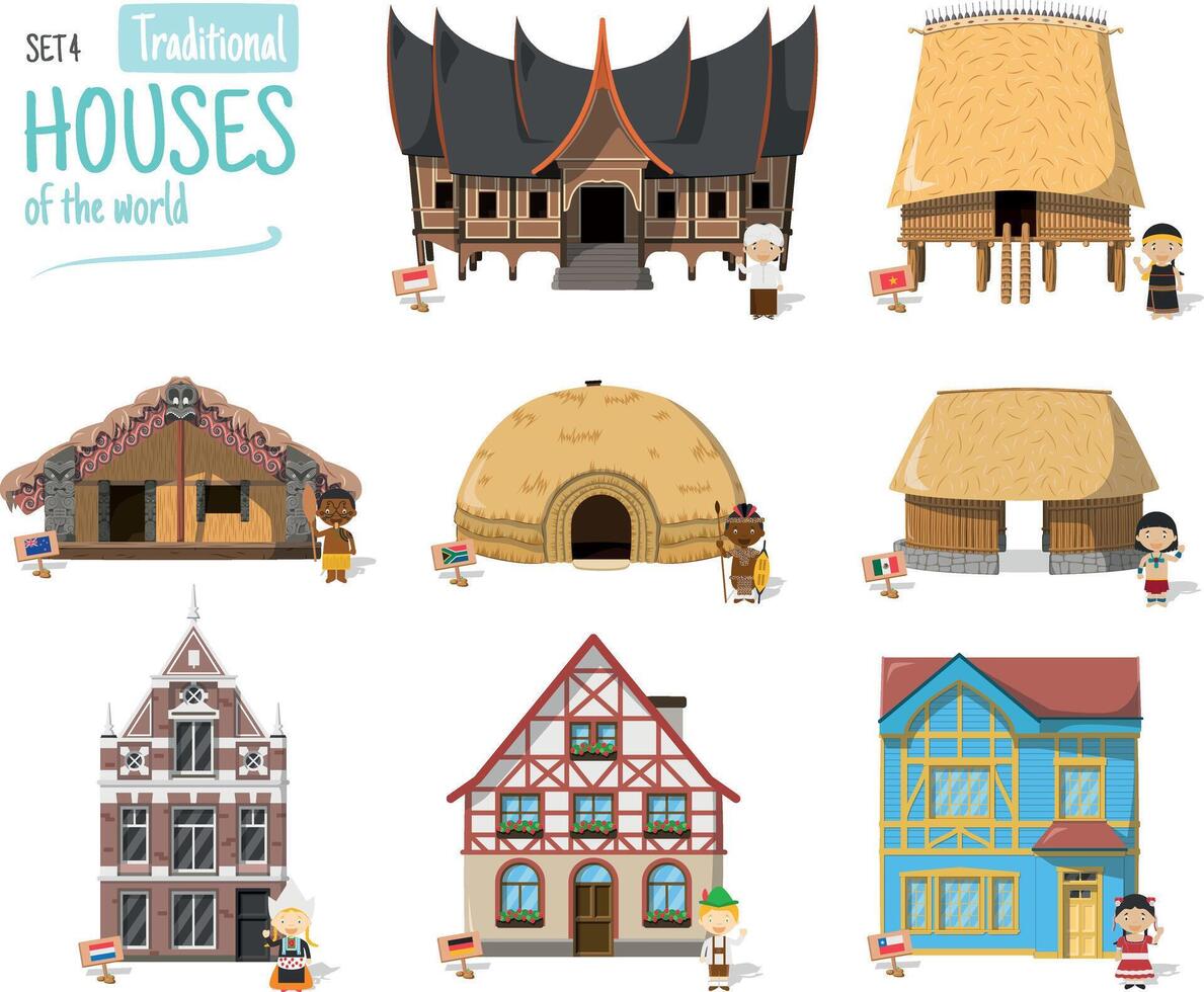 vecteur illustration ensemble 4 de traditionnel Maisons de le monde dans dessin animé style isolé sur blanc Contexte