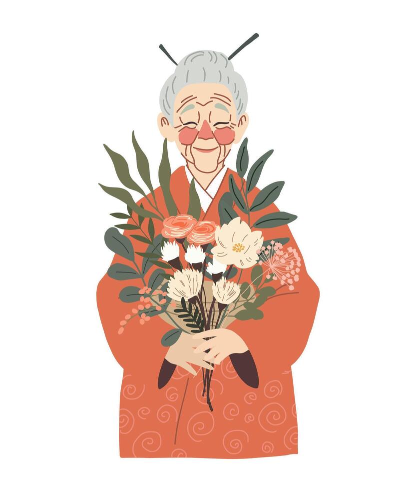 personnes âgées Japonais femme en portant bouquet de fleurs vecteur