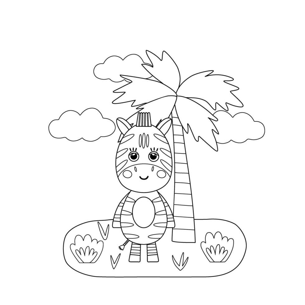 bébé coloration livre avec mignonne zèbre paume arbre nuage. Facile formes, contour pour Jeune enfants. dessin animé vecteur illustration.