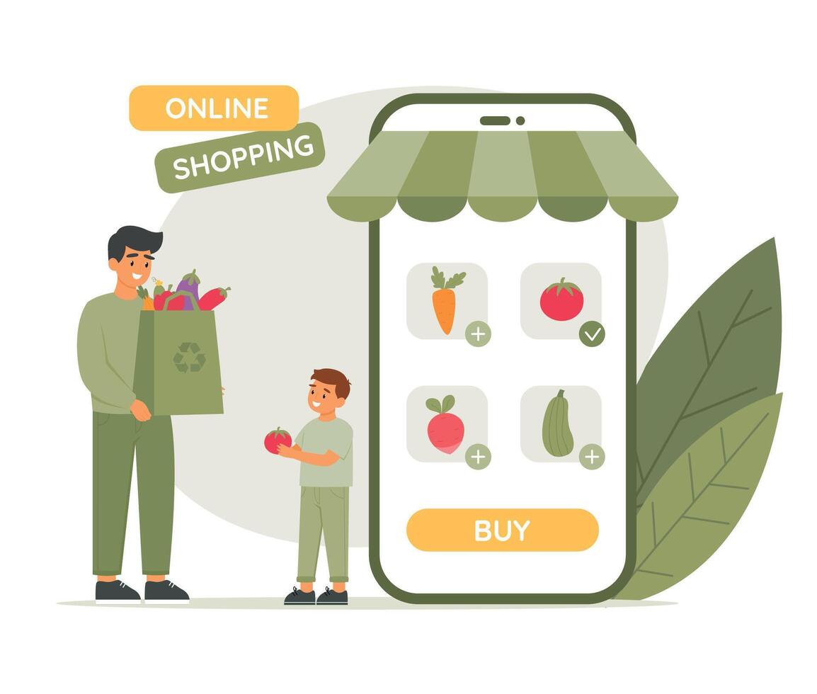 en ligne achats concept. papa et fils acheter Frais des légumes de en ligne boutique en utilisant téléphone application. recycler sac plein de nourriture vecteur