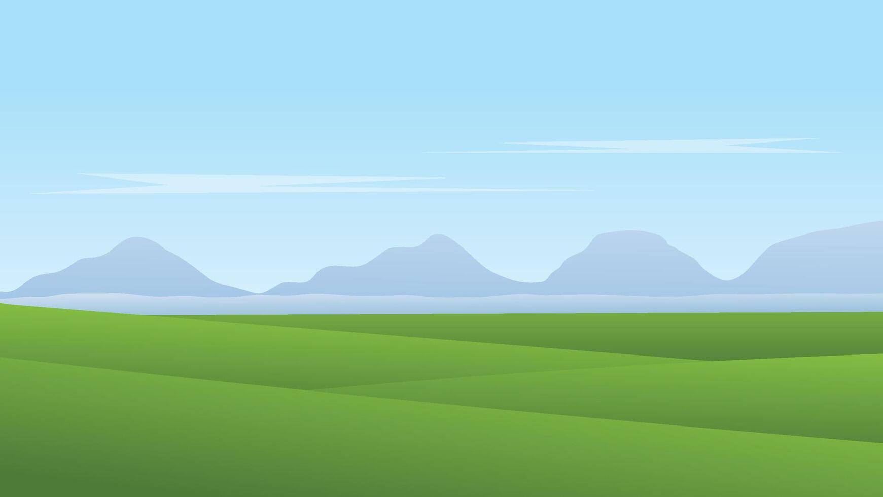 paysage dessin animé scène. vert champ avec montagnes Contexte et bleu ciel vecteur