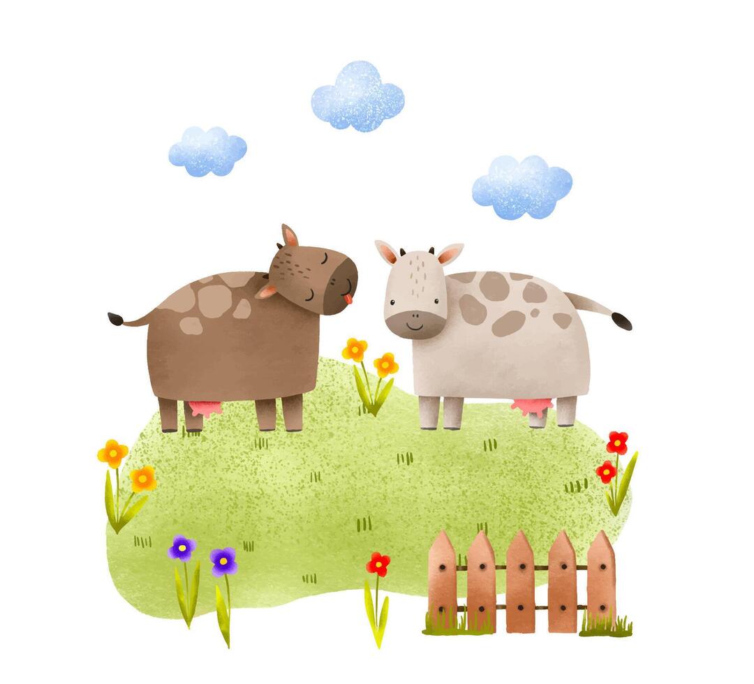 animaux marcher sur le pelouse parmi le fleurs. main tiré paysage illustration sur isolé Contexte. mignonne enfants dessiné à la main composition pour décor, cartes et invitations. vecteur