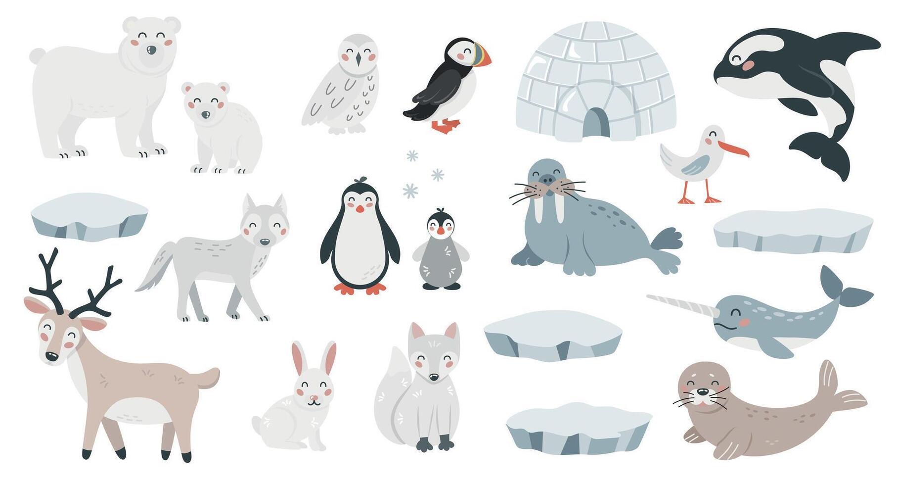 ensemble de mignonne Arctique animaux dans plat dessin animé style. sauvage polaire faune conception éléments pour impression, affiche, carte. vecteur illustration