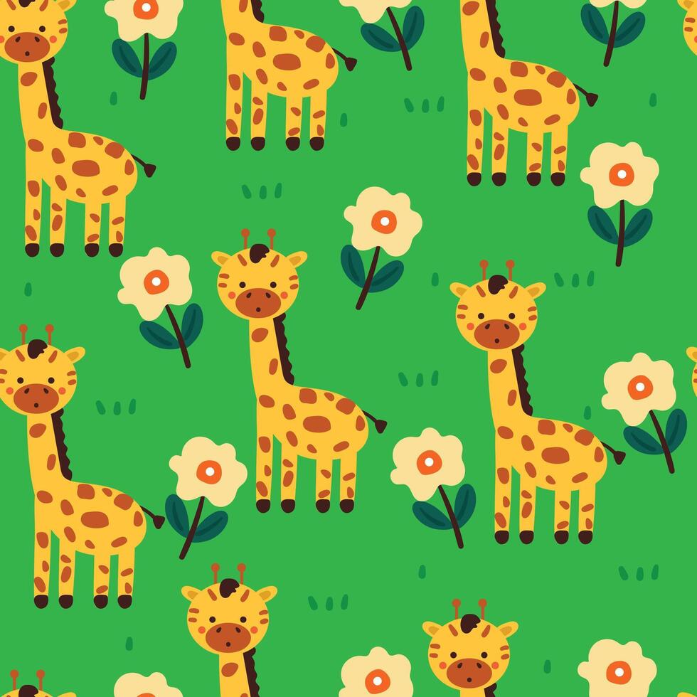 sans couture modèle dessin animé girafe avec fleur, plante. mignonne animal fond d'écran pour textile, cadeau emballage papier vecteur