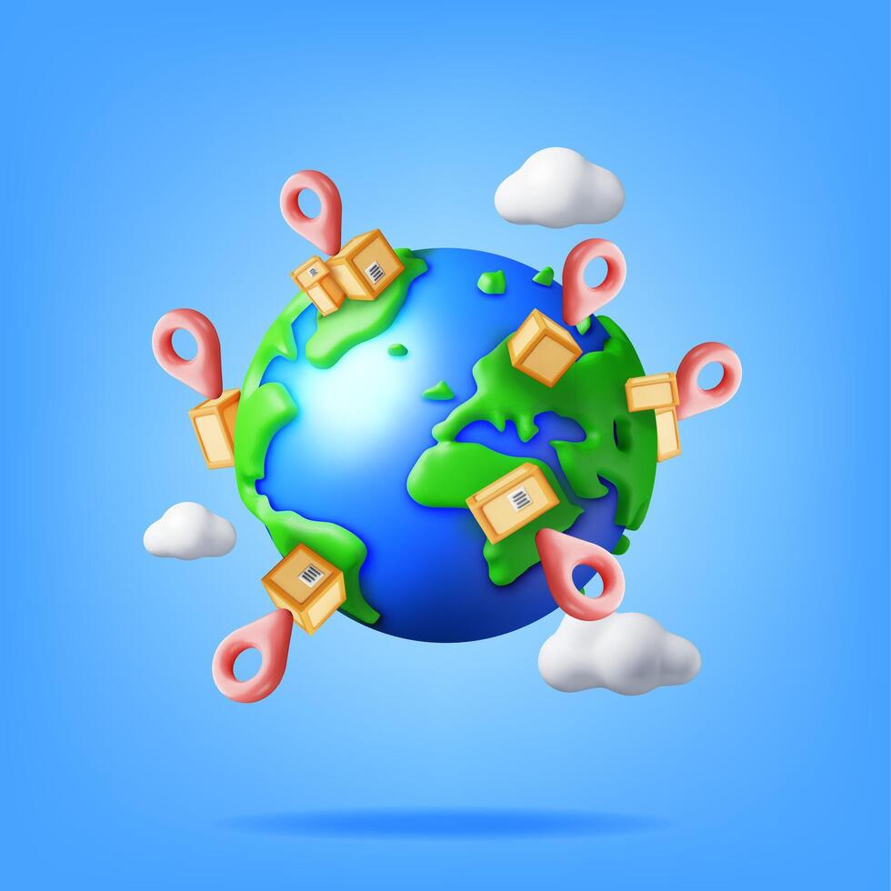 3d livraison globe et papier carton des boites isolé. rendre Express livrer prestations de service commercial. concept de vite et gratuit livraison autour monde. cargaison et la logistique. vecteur illustration