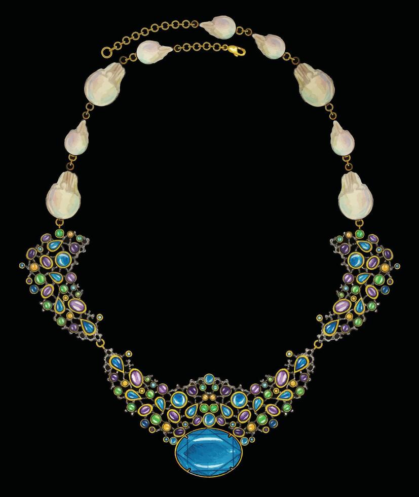 bijoux conception ancien art ensemble avec fantaisie saphir et perle Collier esquisser par main dessin. vecteur