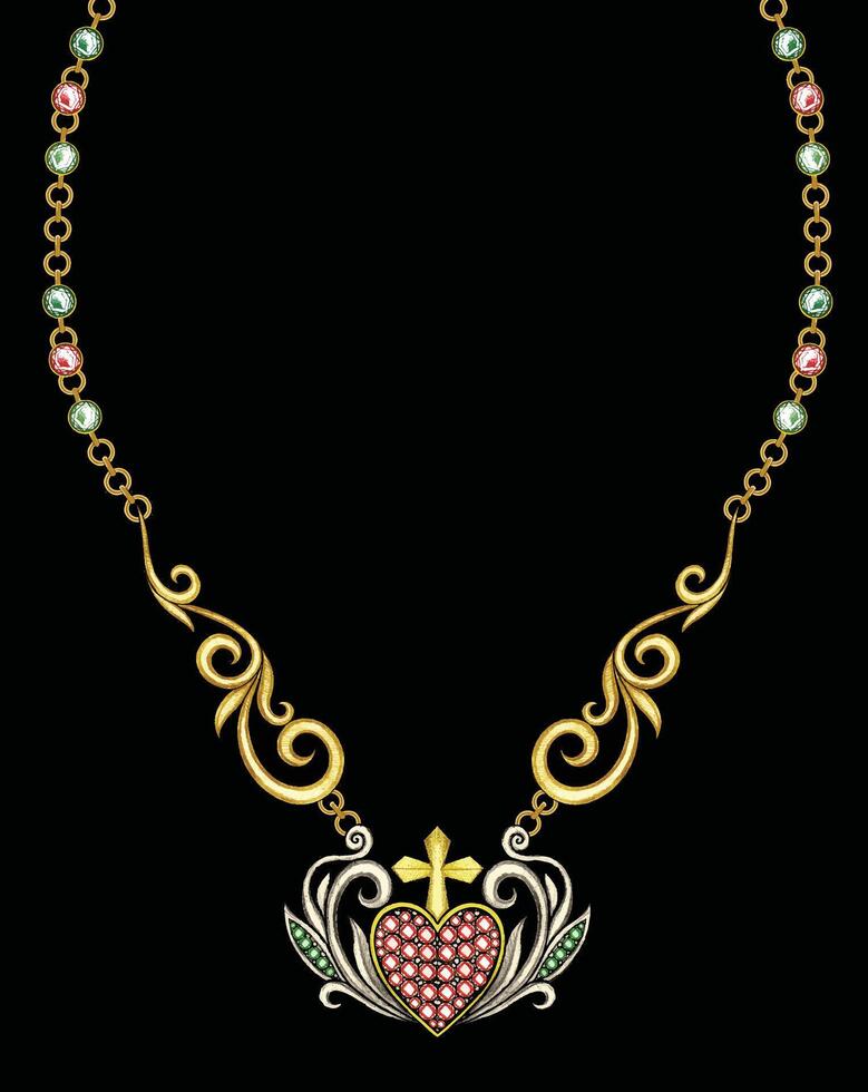 bijoux conception ancien art ensemble avec vert et rouge saphir Collier esquisser par main dessin. vecteur