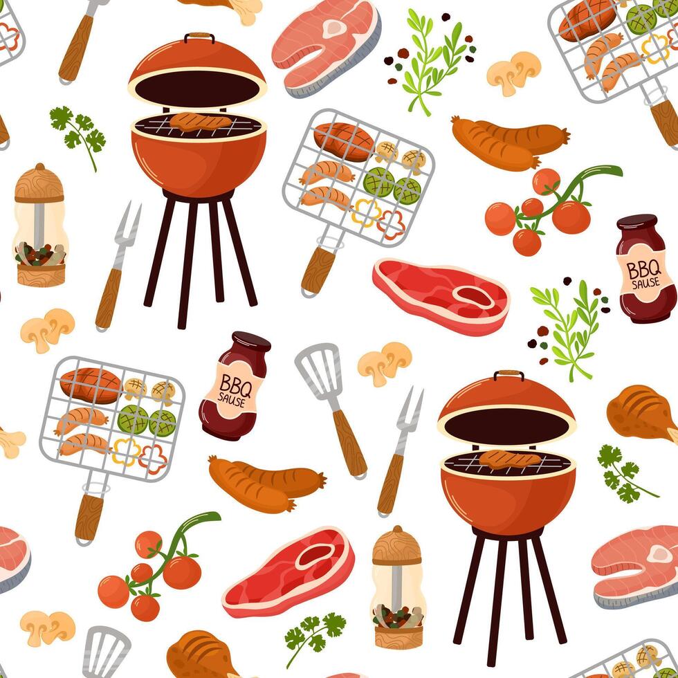 sans couture modèle avec nourriture pour un barbecue faire la fête. répétable texture avec barbecue gril, rôti Viande et outils sur blanc Contexte. américain barbecue toile de fond pour emballage. coloré plat vecteur illustration