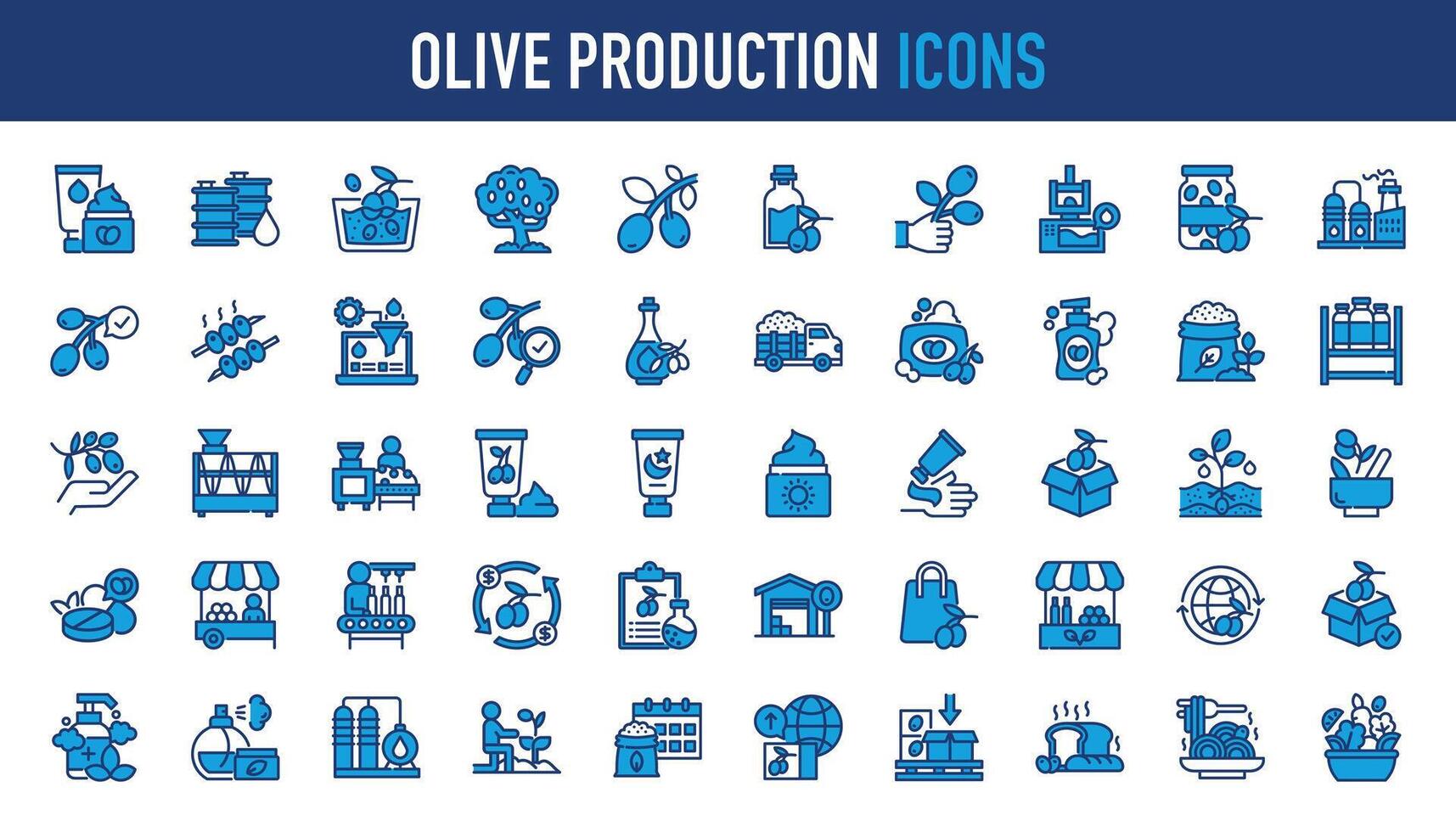 olive production icône ensemble. tel comme crème, la lessive, pétrole réservoir, bifurquer, récolte, presse machine, pot, usine, filtre, qualité contrôle, savon, shampooing, engrais, , lotion, Soleil crème et plus vecteur Icônes