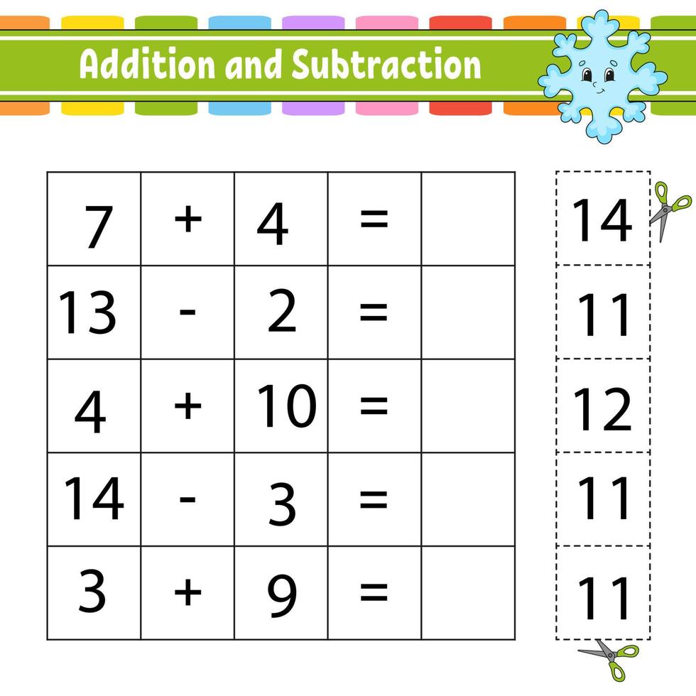 addition et soustraction. tâche pour les enfants. couper et coller. feuille de travail de développement de l'éducation. page d'activité. jeu pour les enfants. drôle de personnage. illustration vectorielle isolée. style de bande dessinée. vecteur