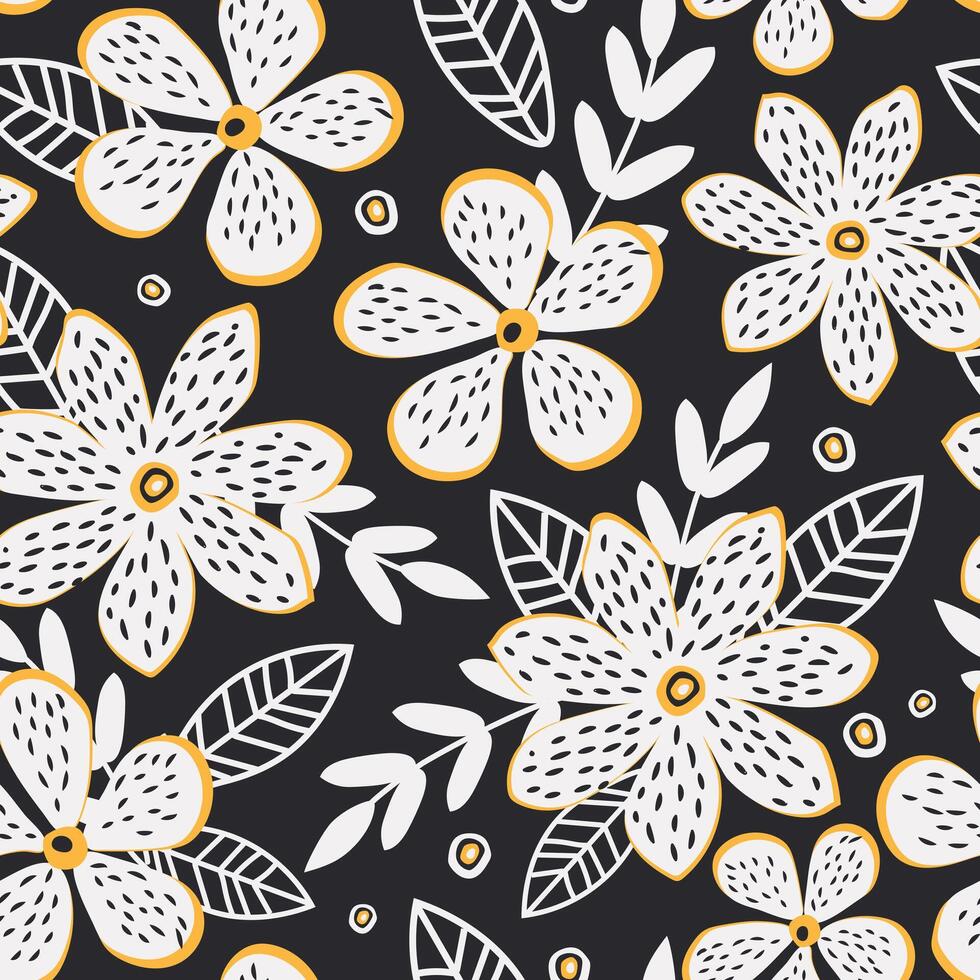 fantaisie blanc fleurs, feuilles et branches forme une moderne botanique sans couture modèle pour textiles avec une noir Contexte. vecteur. vecteur