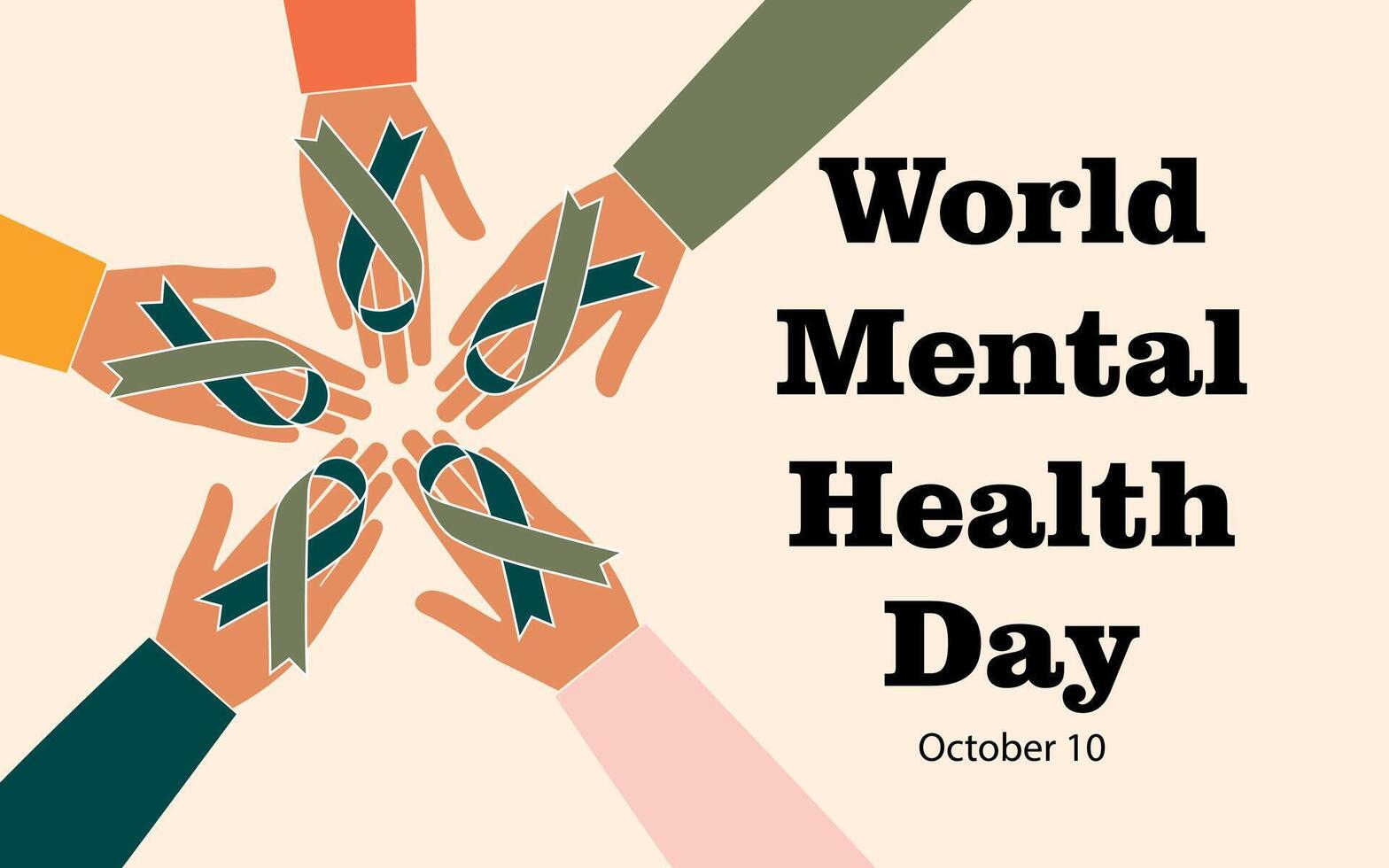 monde mental santé jour, dix octobre. vert soutien ruban dans les gens mains. horizontal moderne affiche. vecteur