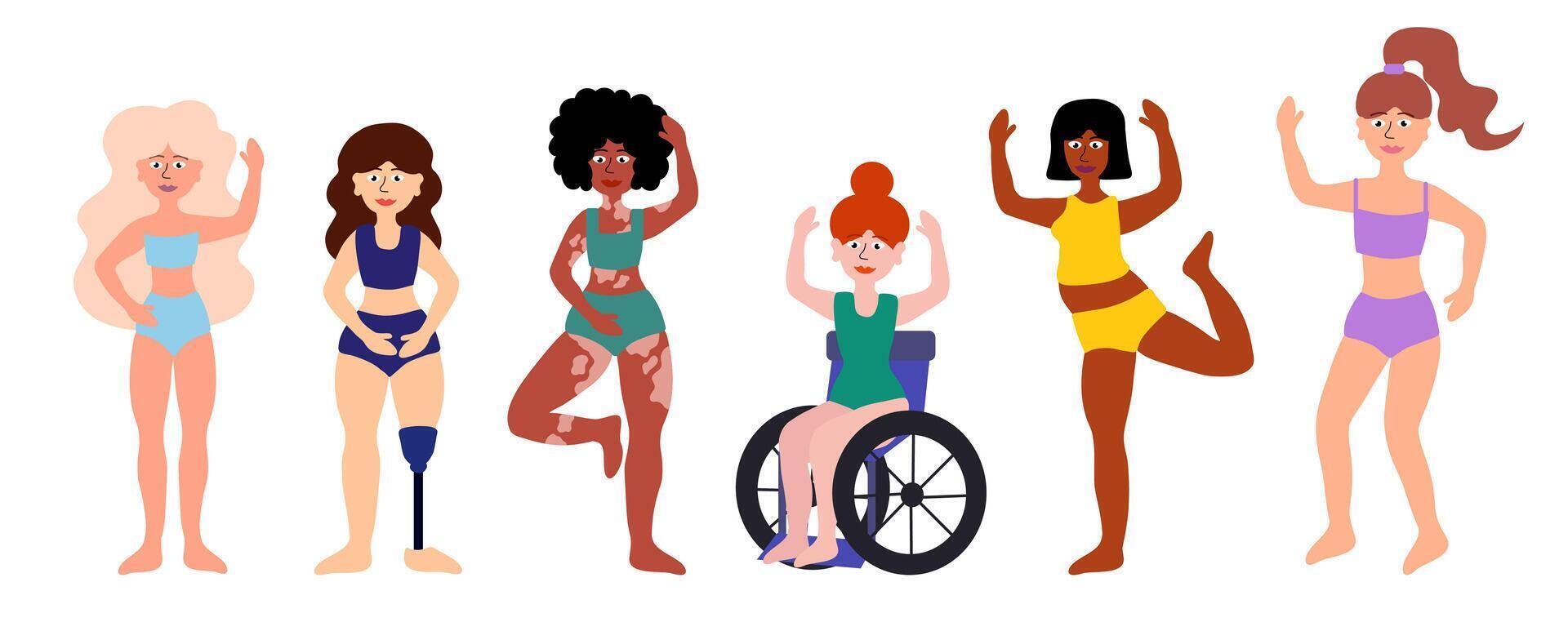 corps positif concept. femmes de différent âge, peau couleurs, ethnique groupes, corps les types. invalidité, vitiligo, prothèse. les filles dans maillots de bain permanent ensemble. dessin animé plat vecteur illustration.