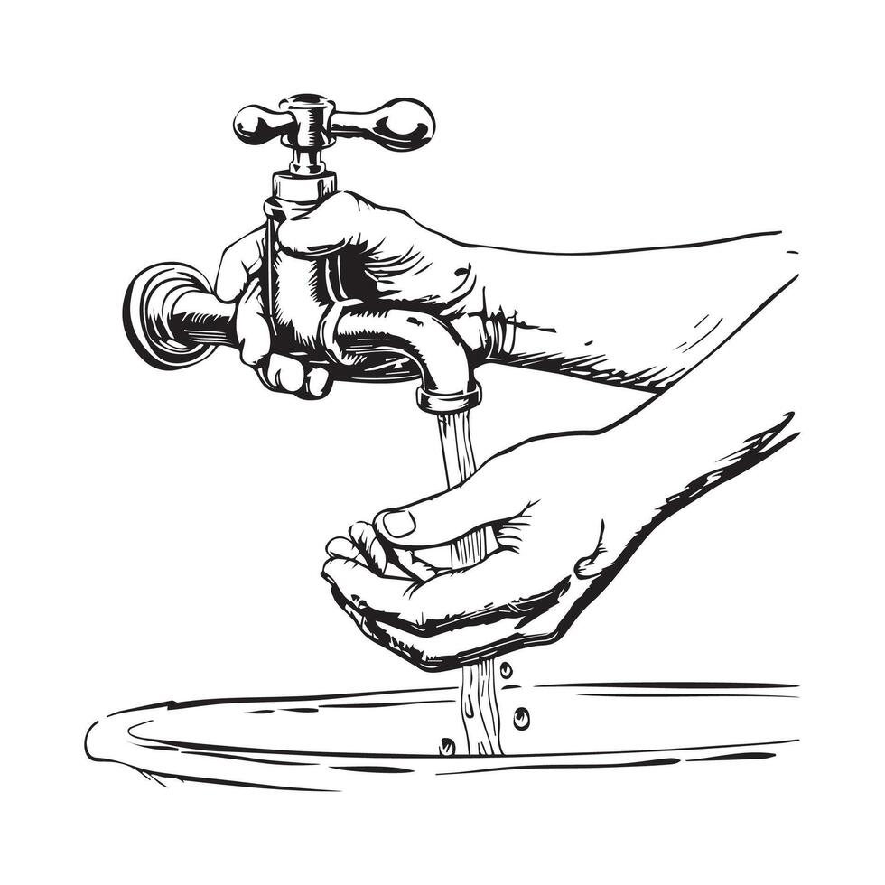 la lessive mains écoulement robinet l'eau isolé blanc Contexte vecteur