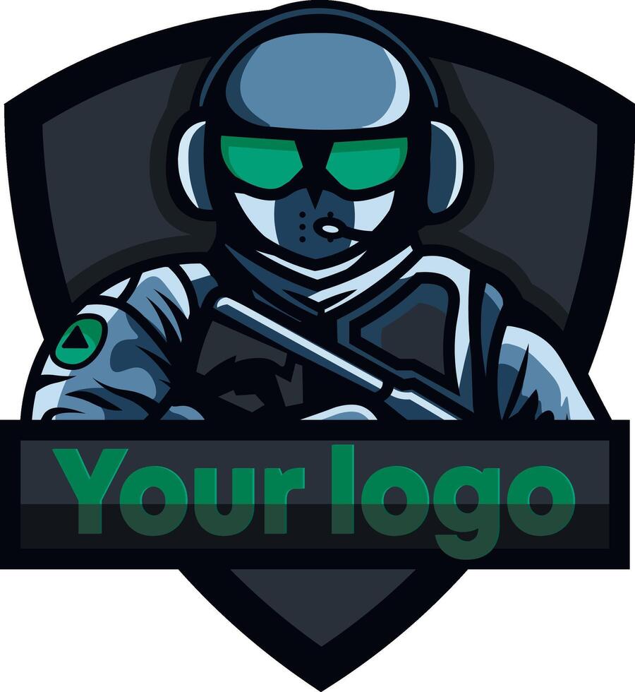 cyber des sports logo avec une personnage dans le style de militaire vecteur