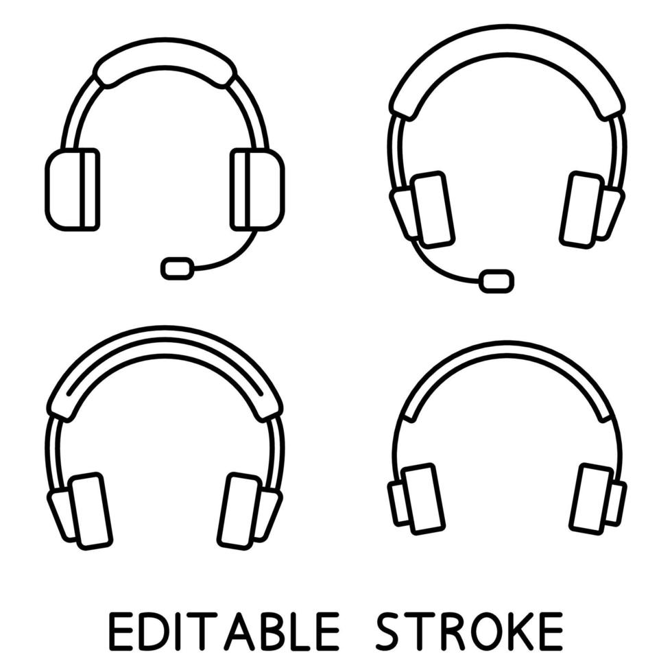 écouteurs écouteurs, ensemble d'icônes de contour. casque en silhouette. casque avec microphone, peut être utilisé pour écouter de la musique, service client ou assistance, événements en ligne. trait modifiable vecteur