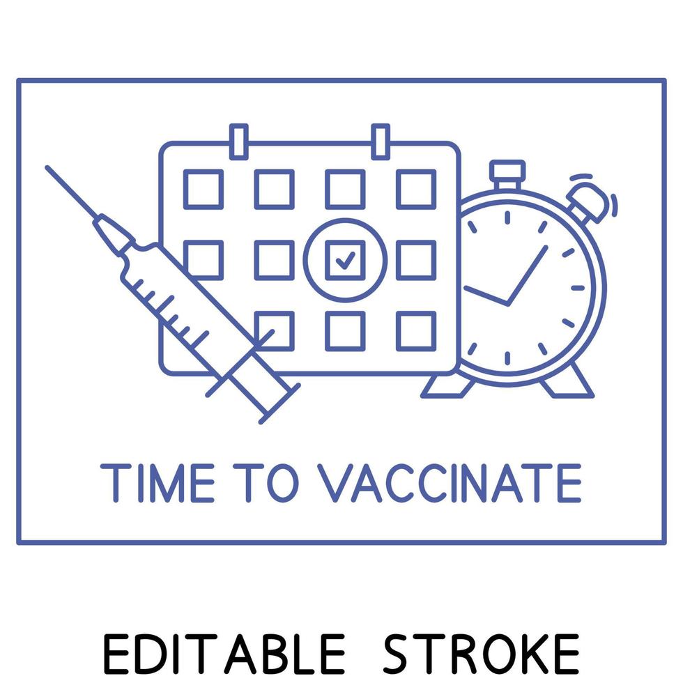 icône de ligne de calendrier de vaccination. le temps de vacciner. concept de vaccination. seringue, calendrier et réveil. deuxième symbole de temps d'injection. soins de santé et protection vecteur