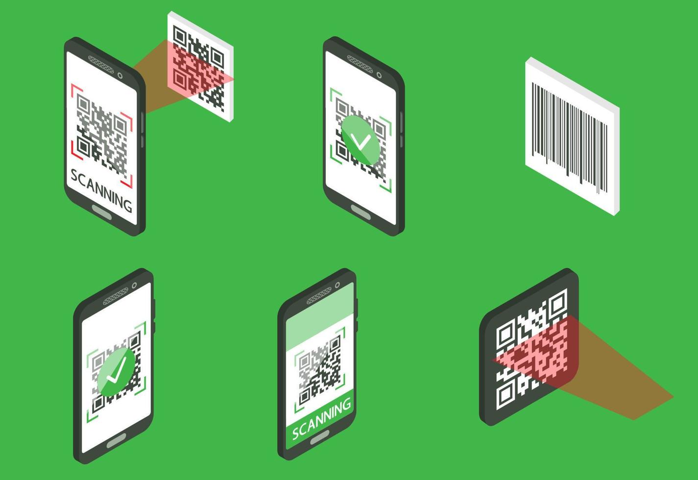 concept de vérification de code qr. code-barres lisible par machine sur l'écran du smartphone. le processus de numérisation qr et code à barres. ensemble d'objets isométriques. illustration vectorielle vecteur