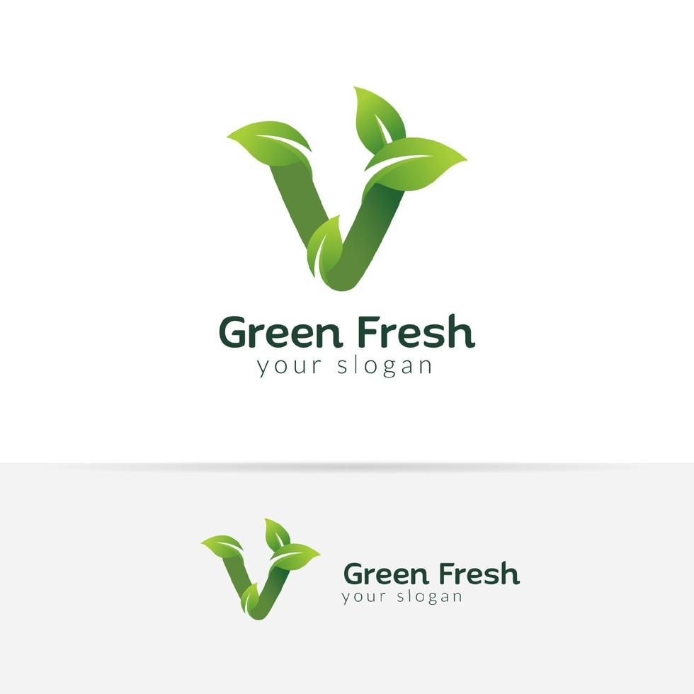 modèle de conception de logo éco lettre v verte. dessins vectoriels alphabet vert avec illustration de feuilles vertes et fraîches. vecteur